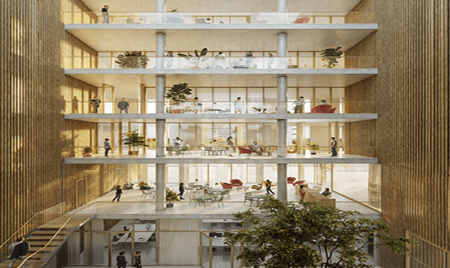 Interior atrium of a contemporary energy efficient building