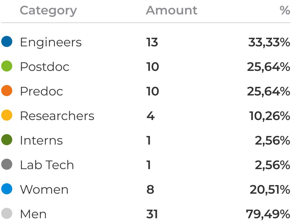 Data table illustrating the distribution of 39 team members by professional role and gender.