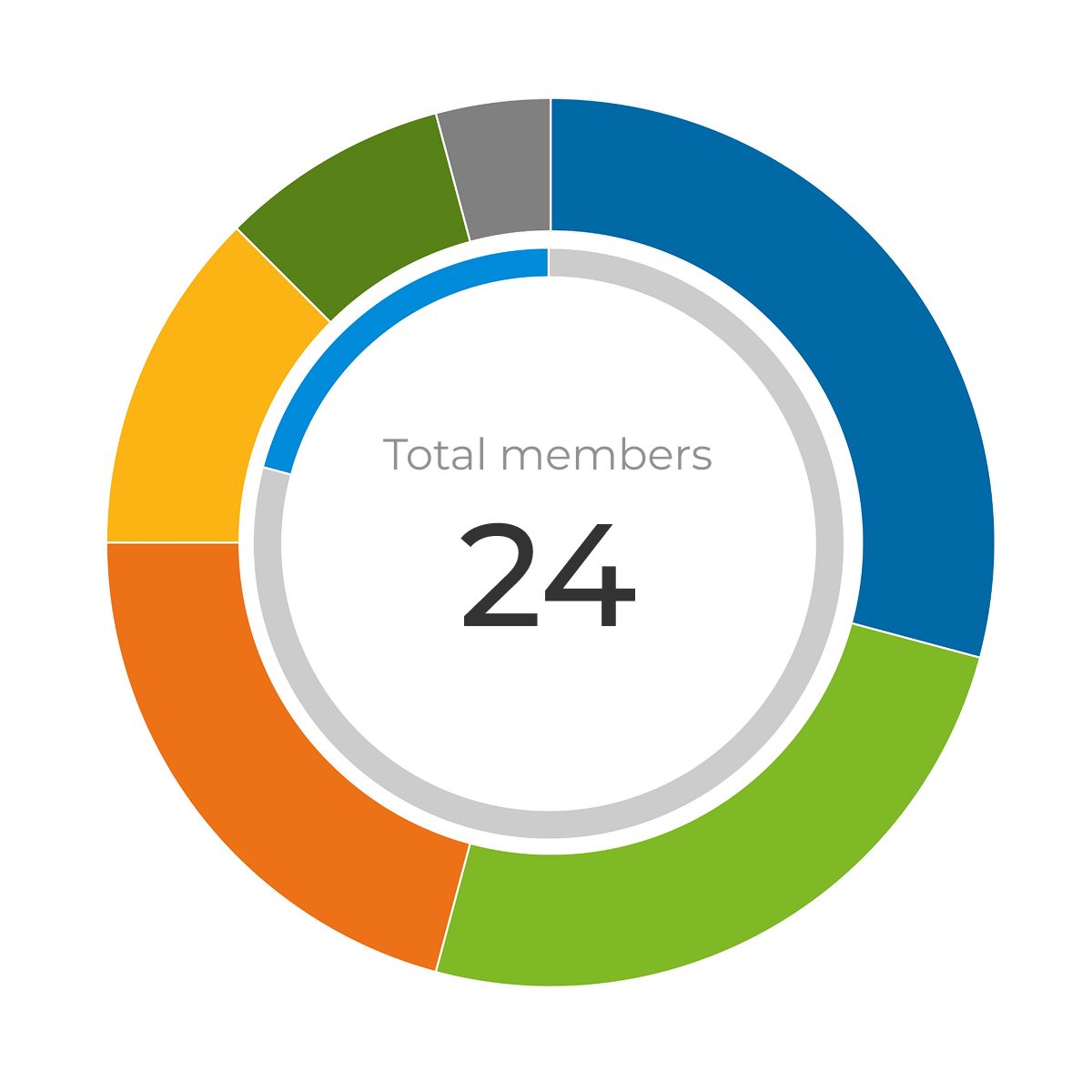 Donut chart and data table showing the composition of 24 total members by professional category and gender.
