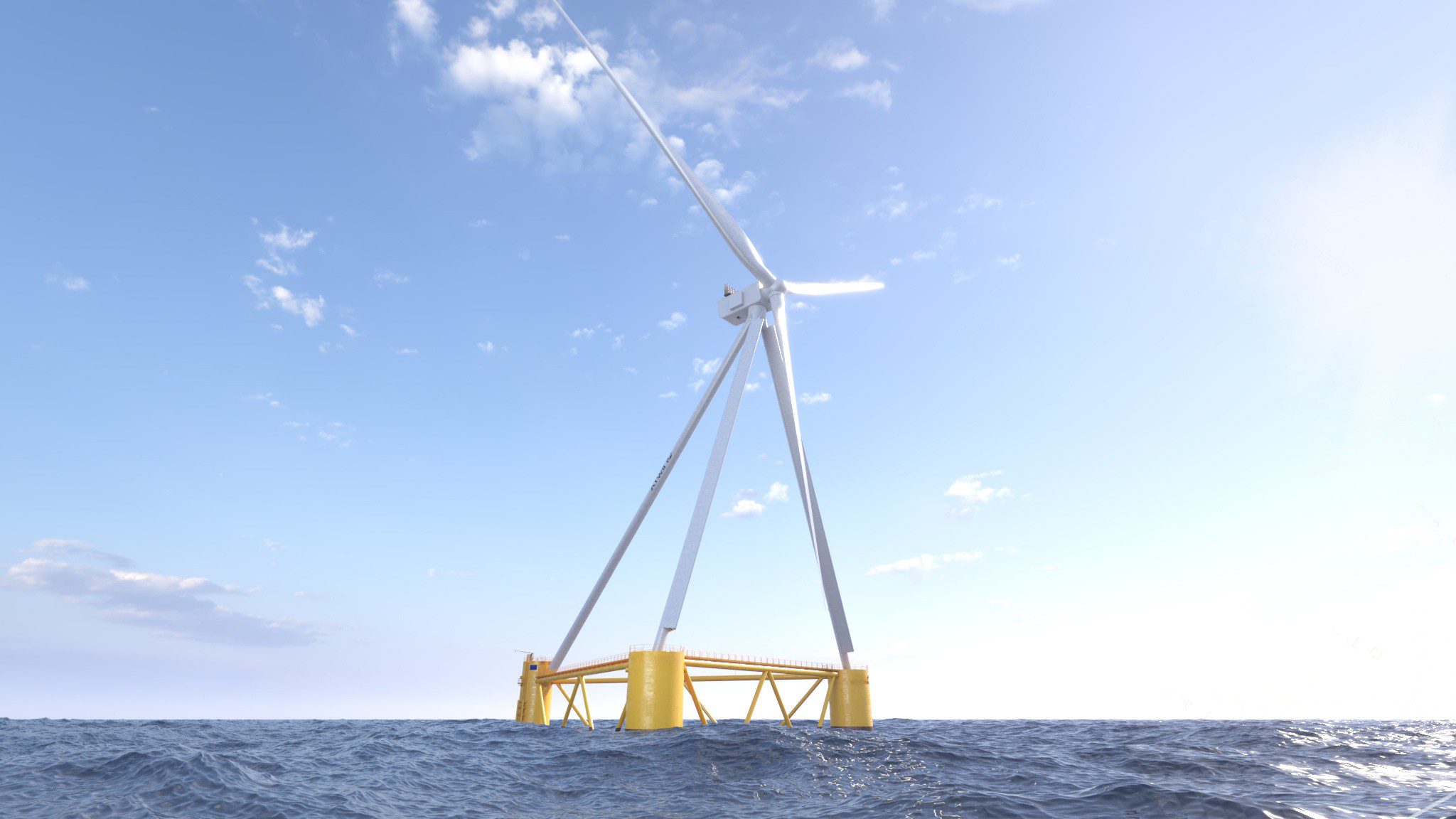 Floating offshore wind turbine at the PlemCat research platform in the Gulf of Roses, highlighting IREC-driven innovation and testing of sustainable wind energy technologies for the Mediterranean