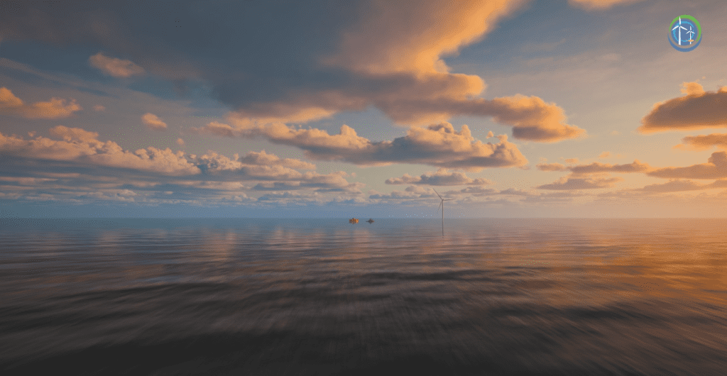 Offshore wind energy platform at sunset over a calm sea horizon representing marine renewable energy innovation