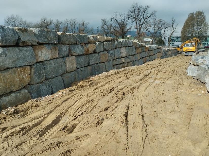 Construction site with earthworks, unfinished ground and building under construction