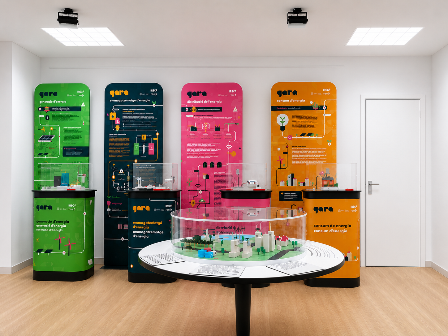 General view of the Gara physical interactive exhibition, consisting of four vertical and colorful informative panels (green, blue, pink, and orange) equipped with screens and scale models on a wooden platform inside a white room, highlighting a circular model in the foreground protected by a transparent showcase.