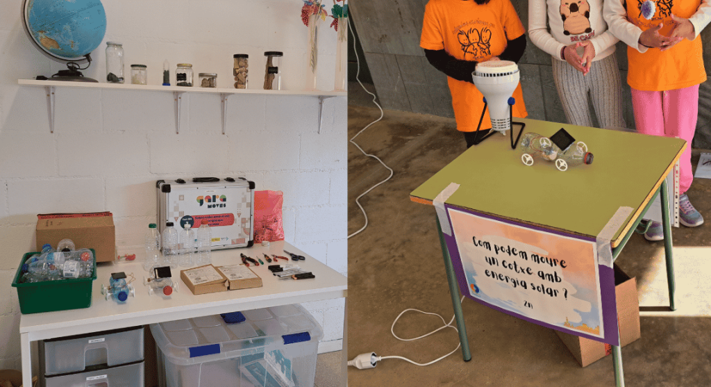 Children participating in Gara MOVES educational activities, exploring renewable energy through hands-on experiments with solar-powered models and recycled materials.